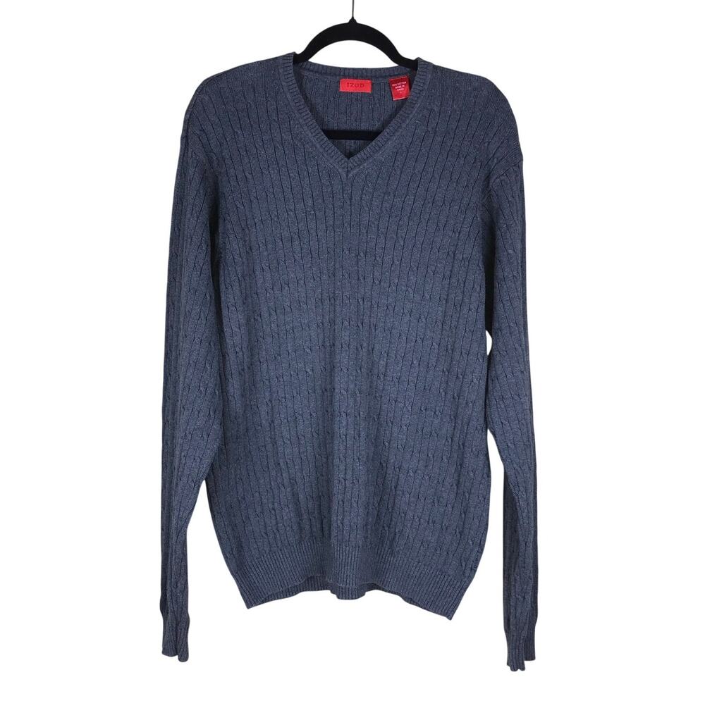 IZOD Sweater Men’s Large Gray Cable Knit V Neck 100% Cotton Preppy Classic